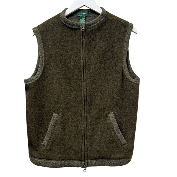 LAUREN Ralph Lauren Womens Fleece Vest Medium Olive Green Equestrian Preppy Zip - Picture 7 of 9